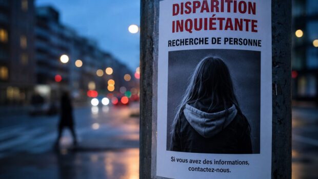 Affiche de disparition inquiétante sur un poteau en ville pour une recherche de personne